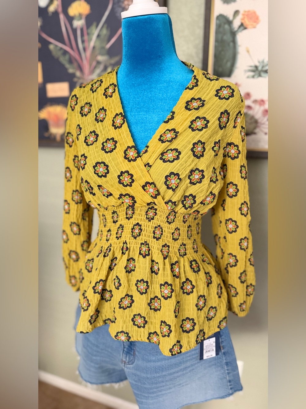 Alex & Parker Mustard Floral Smocked Waist Wrap Top - Women